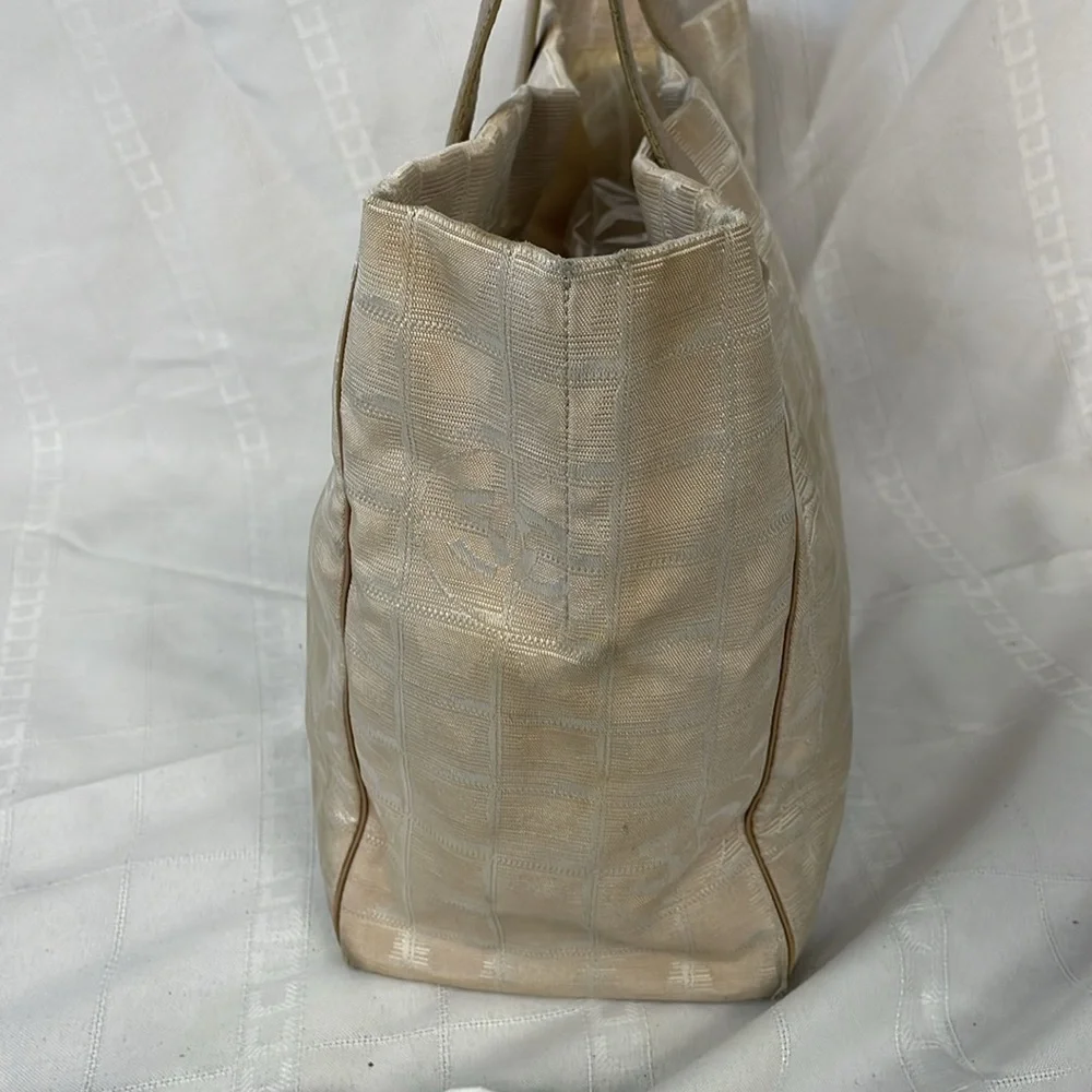 Chanel Travel Line CC Tote Bag Canvas Windowpane Shopper Beige Cream
